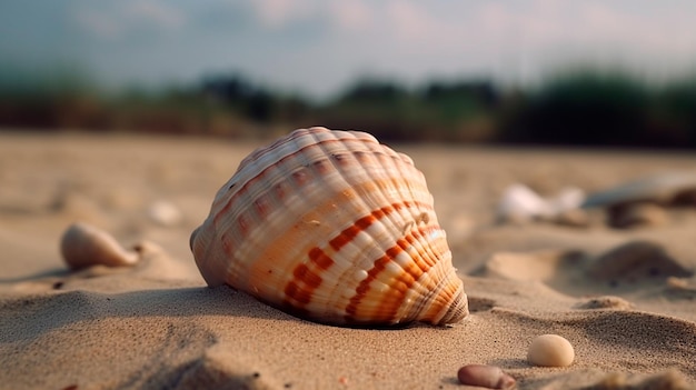 A large beautiful exotic seashell lies on the sand on an exotic beach Generative AI