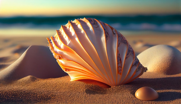 A large beautiful exotic seashell lies on the sand on an exotic beach Generative AI