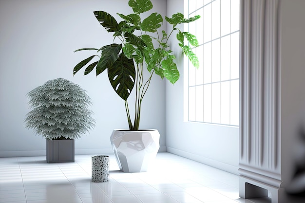 Large beautiful plants in original gray white and spotted pots fit perfectly into interior of bright empty office