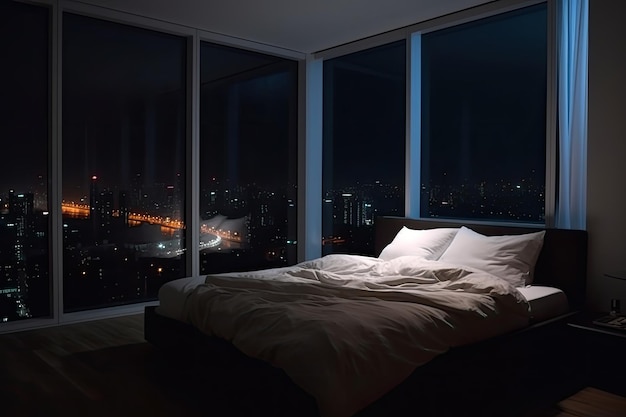 Large bed in living room with night city view in window Generative AI