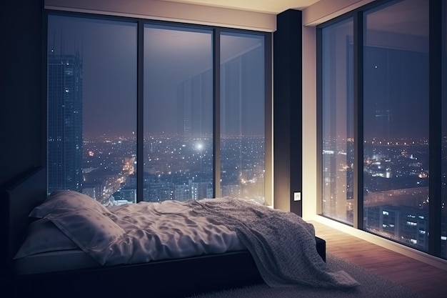 Large bed in living room with night city view in window Generative AI