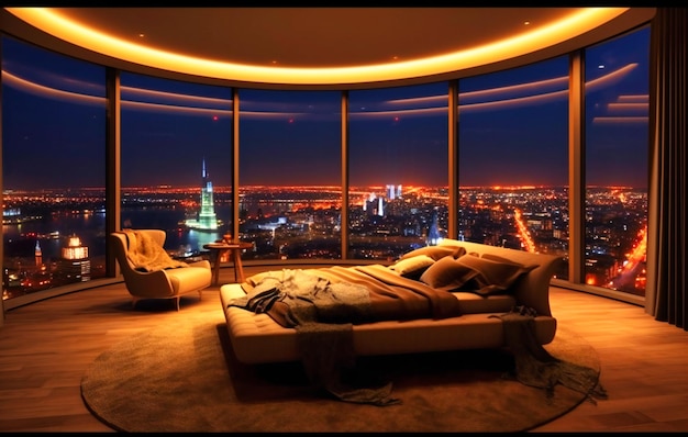 The large bedroom with the city view