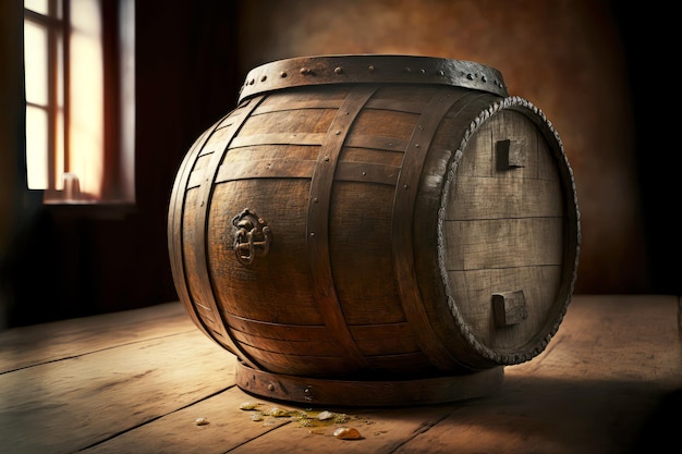 Large beer barrel made of old shabby wood on wooden table created with generative ai