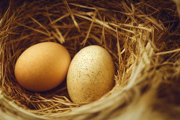 Photo large beige eggs lying on hay and chicken hatching from egg