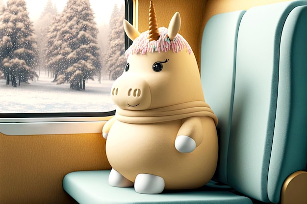 Large beige fluffy taxi for magical journey in winter forest fat unicorn character seat in train