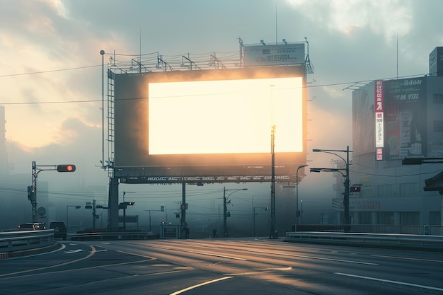 Large billboard at a busy city intersection foggy morning and urban backdrop Branding concept