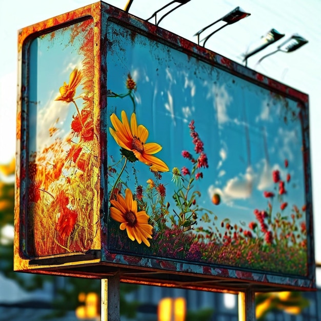 Photo a large billboard with flowers and a sunflower on it