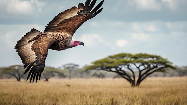 Photo a large bird flying in the air with a tree in the background