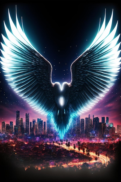 Large bird flying over a city at night generative ai