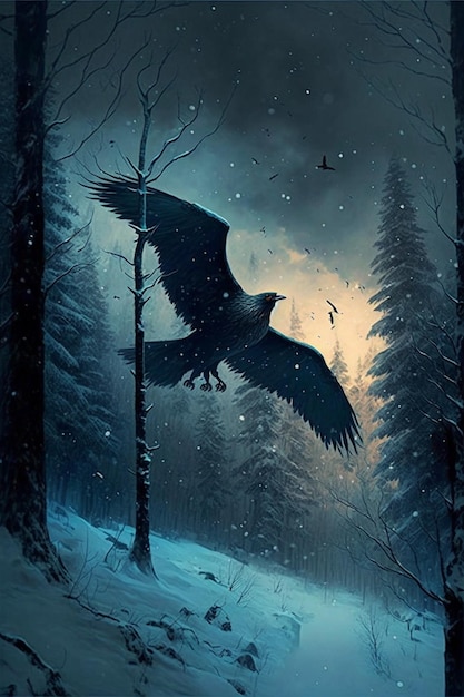 Large bird flying over a snow covered forest generative ai