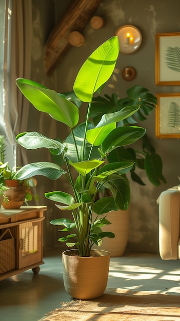 Large Bird of Paradise plant enhancing the cozy vibe of a home interior with sunlight