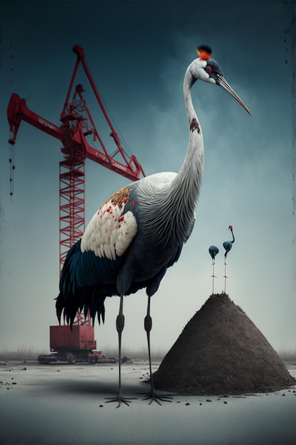 Large bird standing on top of a pile of dirt generative ai