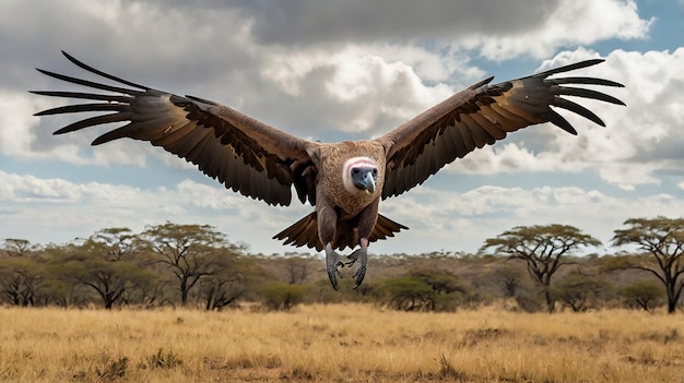 Photo a large bird with a blue and white beak is flying in the sky