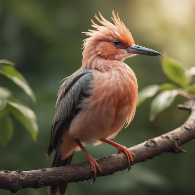 A large bird with a long neck and pink feathers is perched on top of a tree branch