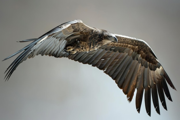 Photo a large bird with a wide wingspan flying gracefully through a sky filled with fluffy clouds large wingspan stretching out in flight