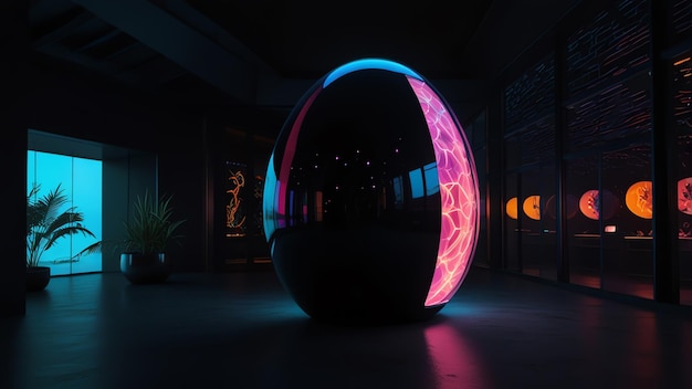 a large black ball with neon lights on it