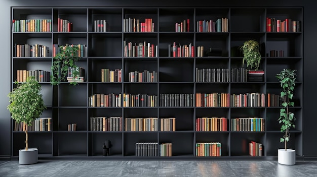 A large black bookshelf with many books and a potted plant