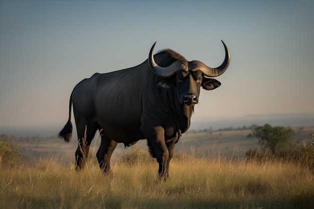 A large black buffalo with large horns stands in a field.