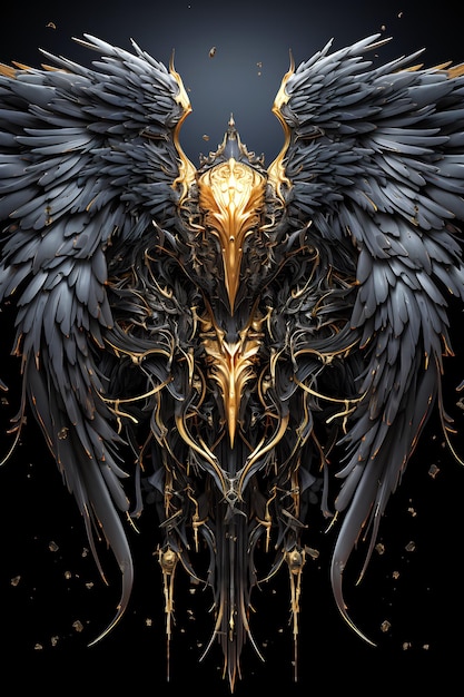 Large black and gold bird with wings on black background Generative AI