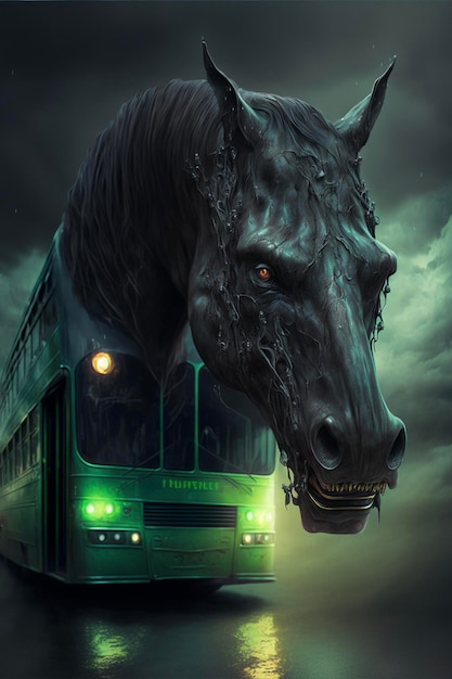 Large black horse standing next to a green bus generative ai