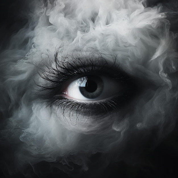 large black human eye looks out from smoke and darkness fantastic witchcraft background magical eye