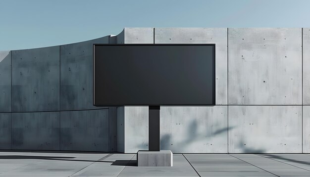 a large black screen is on a concrete block