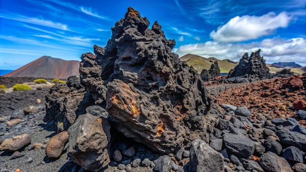 a large black volcanic rock with a blue sky and clouds in the background