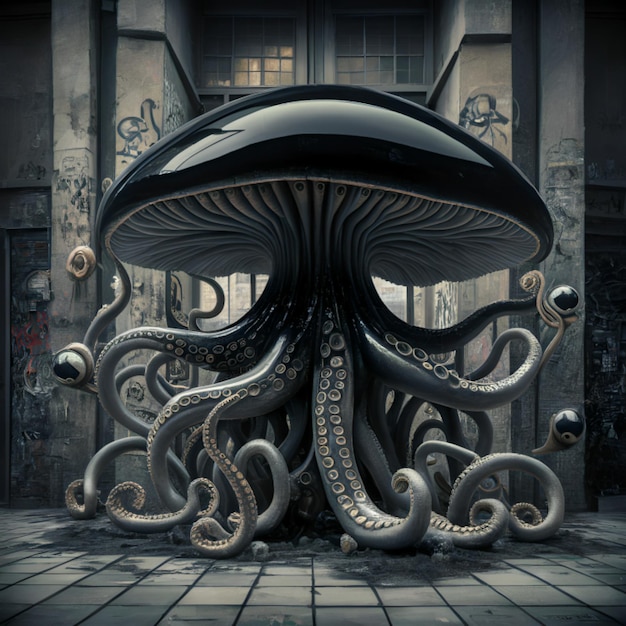 A large black and white mushroom with tentacles