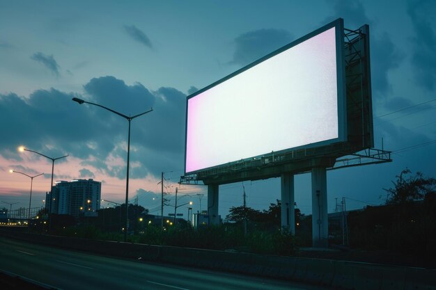 Large blank billboard by the road at dusk with dramatic sky