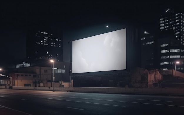 A large blank billboard in a city at night