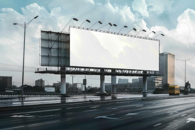 Large blank billboard standing over city highway with cars passing by