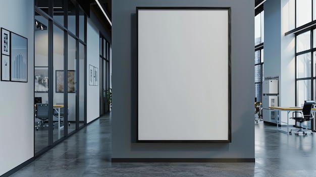 Large blank photo frame and banner in contemporary coworking office