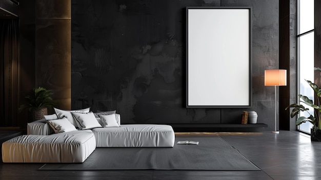 Large Blank Photo Frame in Modern Black Room Interior