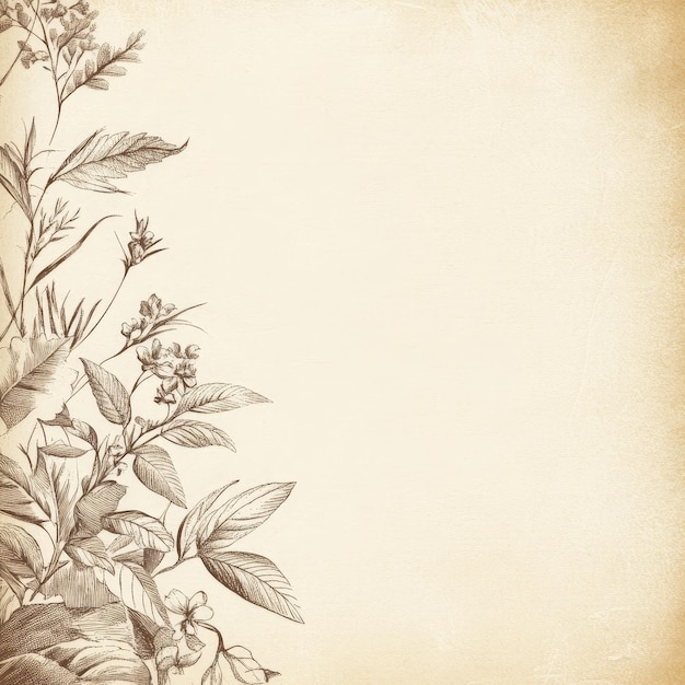 Photo large blank white paper with vintage ink drawings of leaves and flowers sepia tones