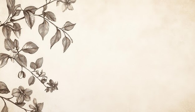 Photo large blank white paper with vintage ink drawings of leaves and flowers sepia tones