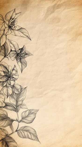 Photo large blank white paper with vintage ink drawings of leaves and flowers sepia tones