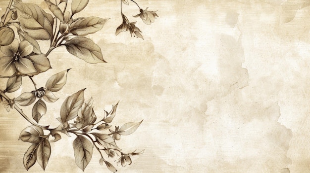 Photo large blank white paper with vintage ink drawings of leaves and flowers sepia tones