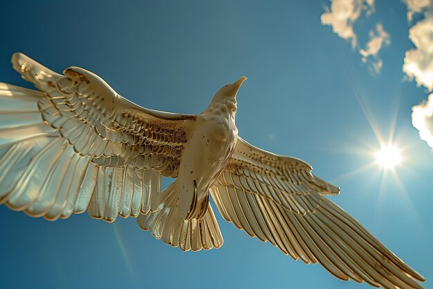 A large blue bird with a long wing is flying in the sky