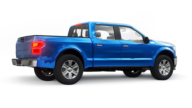 A large blue modern pickup truck with a double cab, glowing headlights on a white uniform background. 3d rendering.