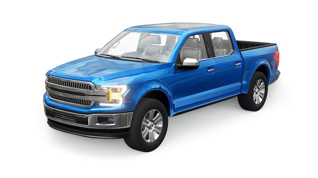 A large blue modern pickup truck with a double cab, glowing headlights on a white uniform background. 3d rendering.