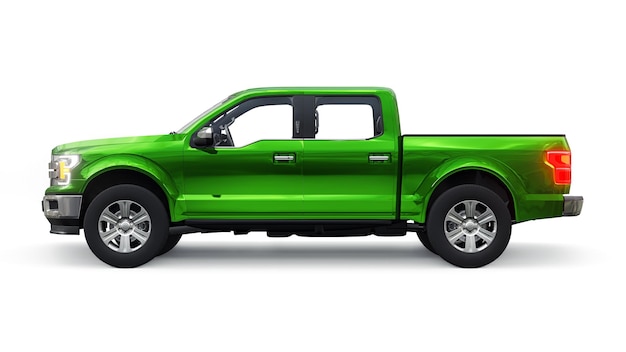 A large blue modern pickup truck with a double cab, glowing headlights on a white uniform background. 3d rendering.