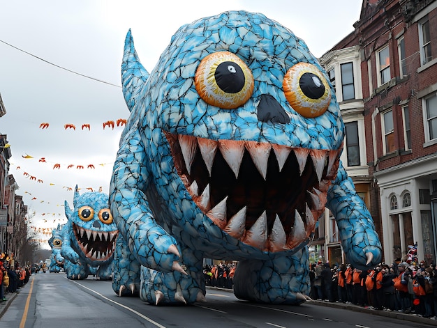 Photo a large blue monster balloon with sharp teeth and big eyes floats down a street during a parade