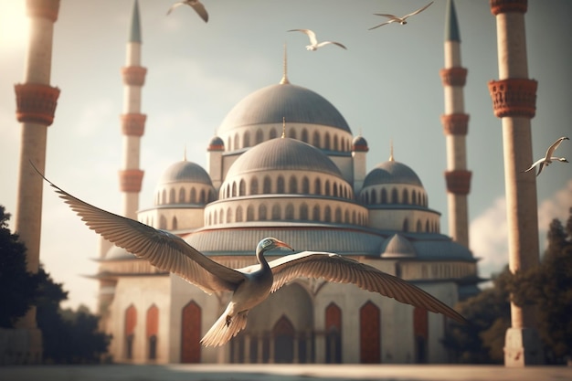 A large blue mosque with a large bird flying in the sky.