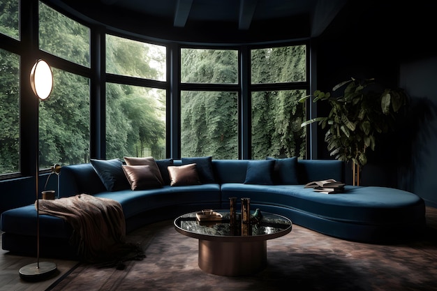 A large blue sofa in a dark room with a large window that says'the best'on it