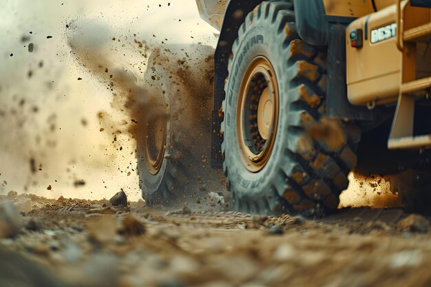 Photo a large blue and yellow tractor is driving through the dirt