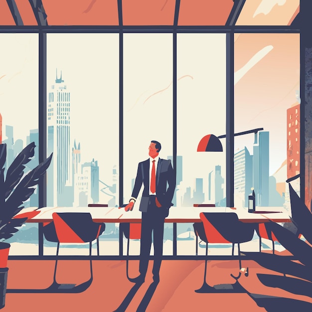 large board table with a businessman looking out the window vector illustration flat 2