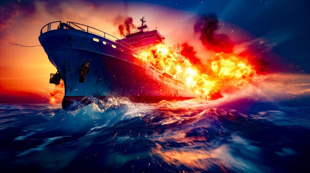 Large boat on body of water with lot of fire coming out of it Generative AI