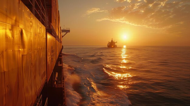 Photo a large boat in the ocean as the sun sets behind it and a smaller boat in front of it generative ai