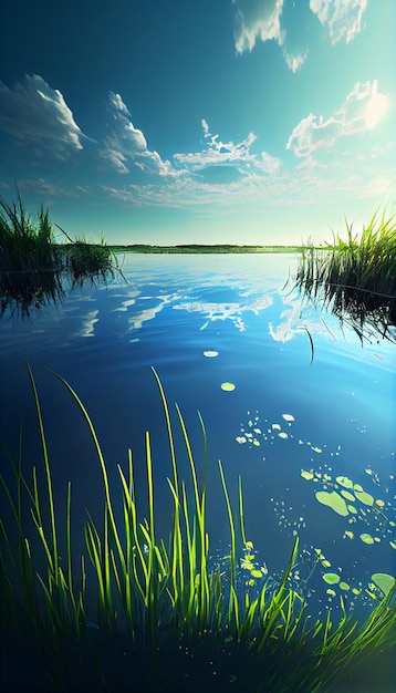 Large body of water surrounded by grass generative ai