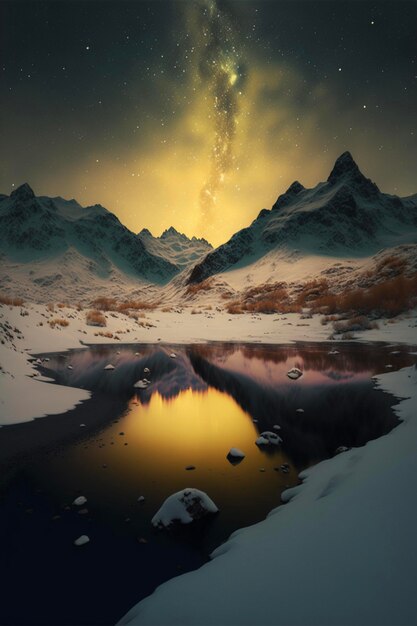 Large body of water surrounded by snow covered mountains generative ai